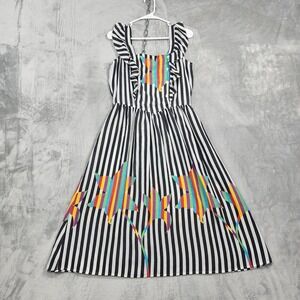 Vintage Eber Dress Womens S Multicolor Striped Floral Ruffle Apron Sundress Midi